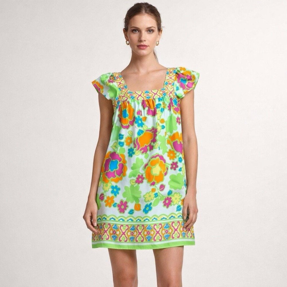 Milly Silk Dress Floral Multicolor Square Neck Size 2 Colorful Floral Retro Mod